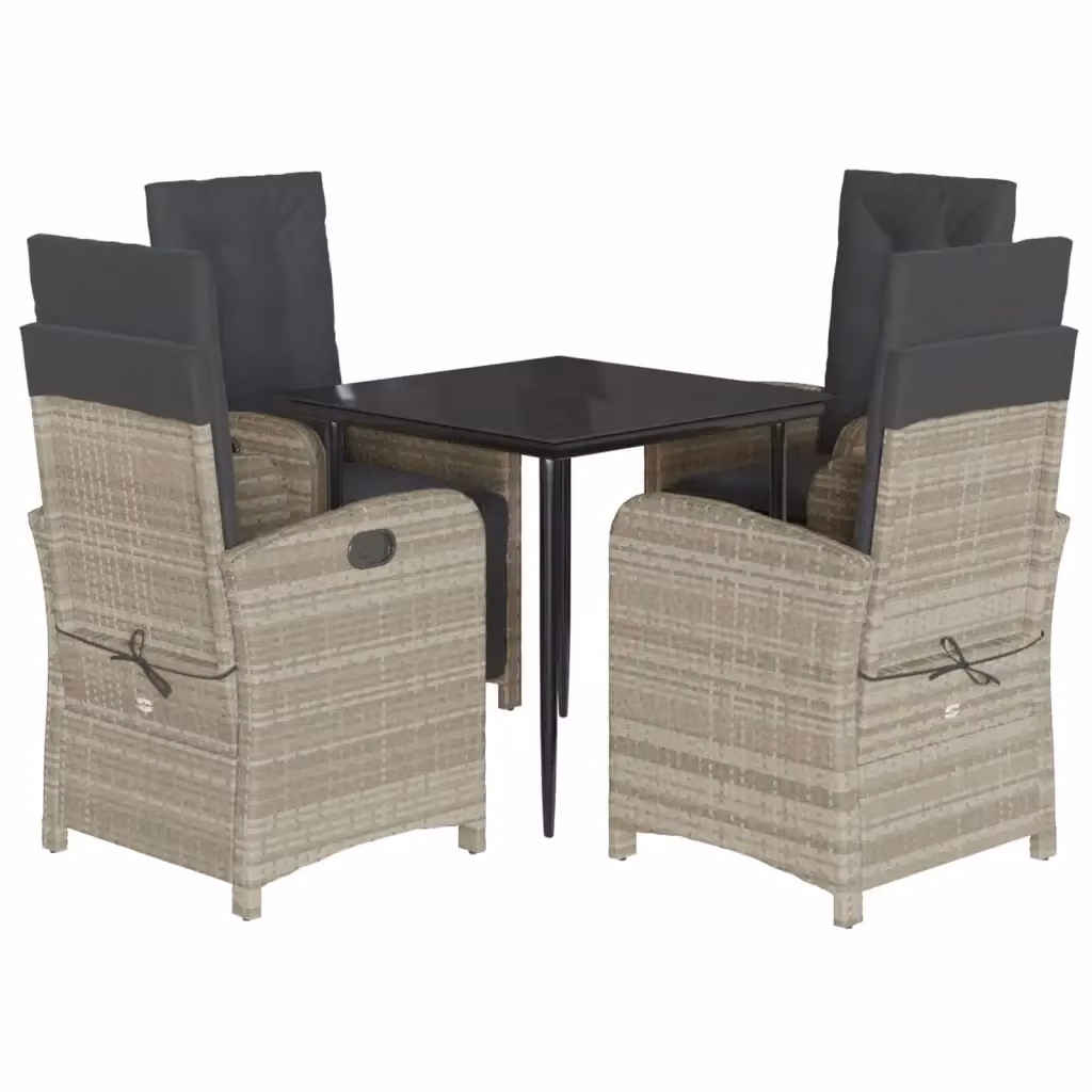 Set Pranzo da Giardino vidaXL in Polyrattan con Cuscini Grigio Chiaro e Tavolo in Vetro Nero per 5 Persone – 2