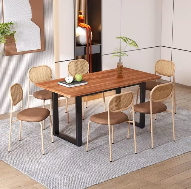 Set di 6 sedie da pranzo marroni con schienale in rattan e gambe in metallo