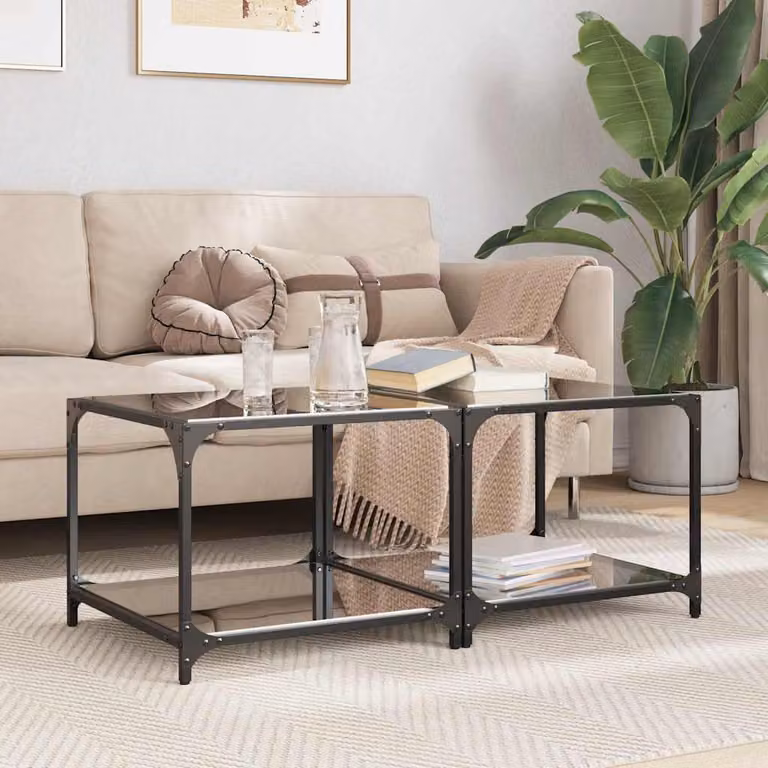 Set di 2 tavolini da salotto moderni vidaXL con piano in vetro nero e struttura in metallo, L/P/H: 50 x 50 x 40 cm