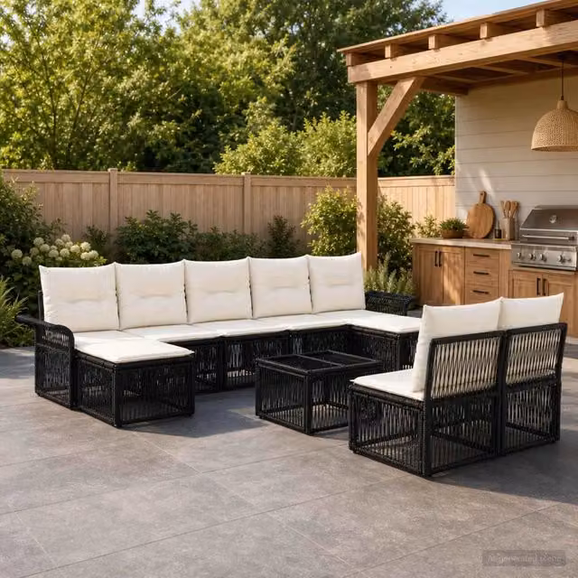 Set Divano da Giardino vidaXL a forma a U in Polyrattan Nero con Tavolino e Ottoman, 10 Pezzi – 1
