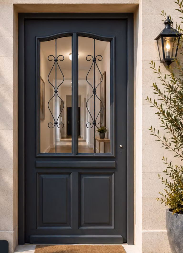 Porta d'ingresso in legno con vetrata Sandro grigio antracite, H.200 x L.90 cm lato pannello P, sinistra GD MENUISERIES