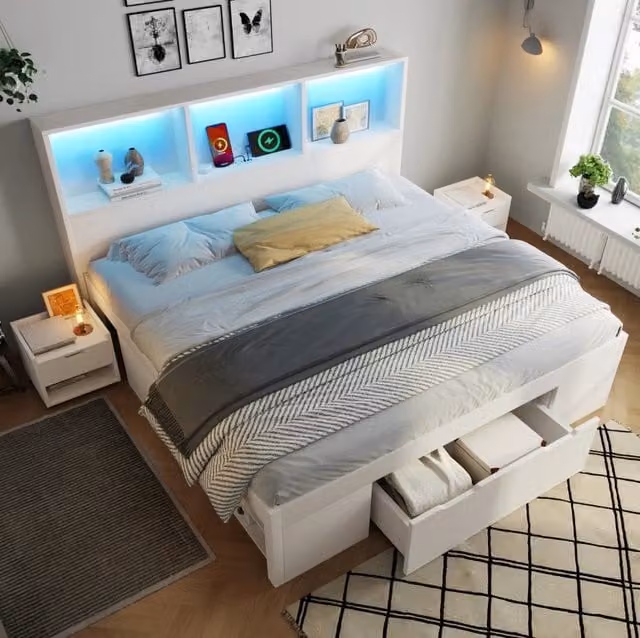 Letto 140x200 cm bianco in legno con LED, USB-C, cassetto e 2 comodini mobili
