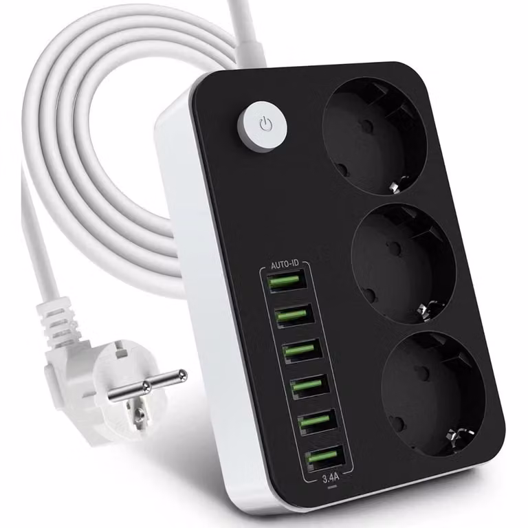 Ciabatta multipresa a 3 prese, con 6 porte USB, spina piatta e interruttore