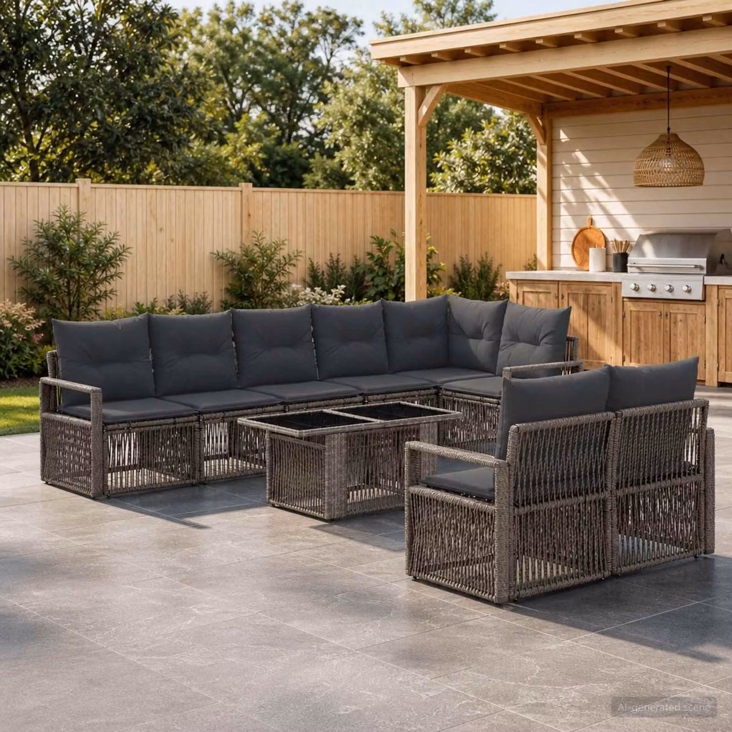 Set Divano da Giardino vidaXL 9 pz a Forma a L con Tavolino, Colore Grigio e Antracite, Struttura in Metallo e Polyrattan con Cuscini Inclusi