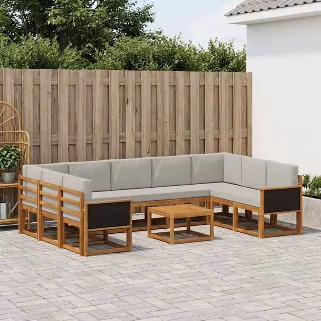Set di divani da esterno componibile a L vidaXL in legno di acacia con cuscini, colore marrone e grigio – 1