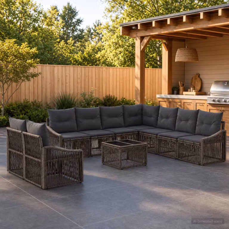 Set Divano da Giardino Moderno vidaXL 10 Pezzi Grigio con Tavolino e Cuscini Imbottiti in Polyrattan e Acciaio