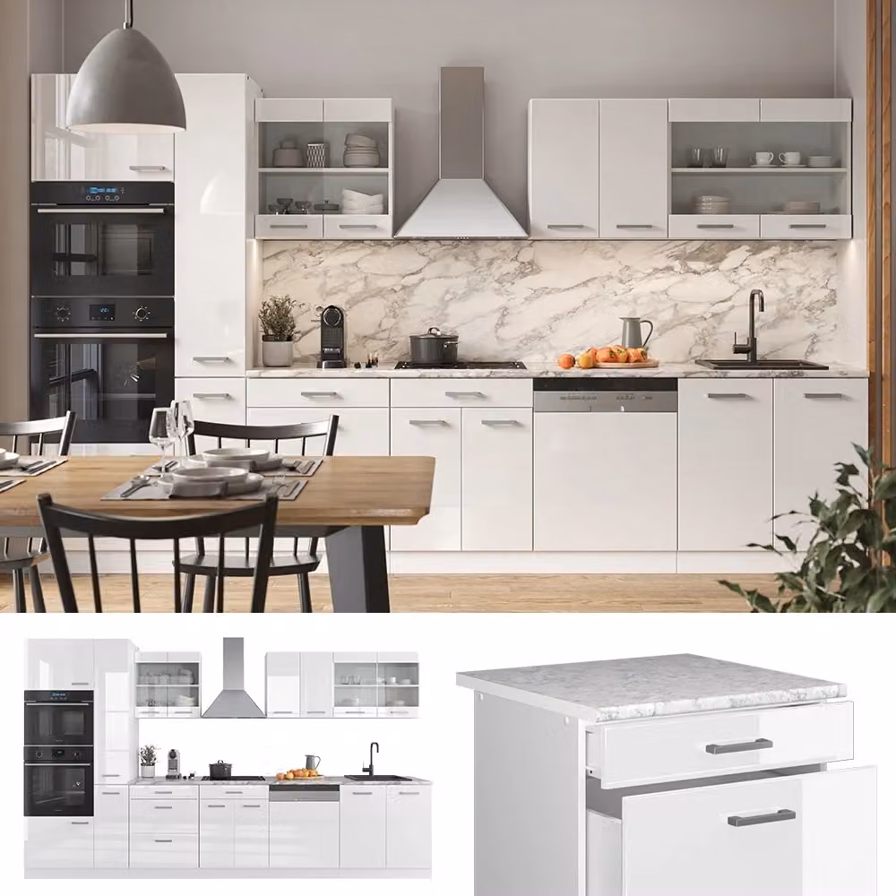 Cucina componibile moderna R-Line Vicco Bianco lucido e Rovere, L: 350 cm – 2