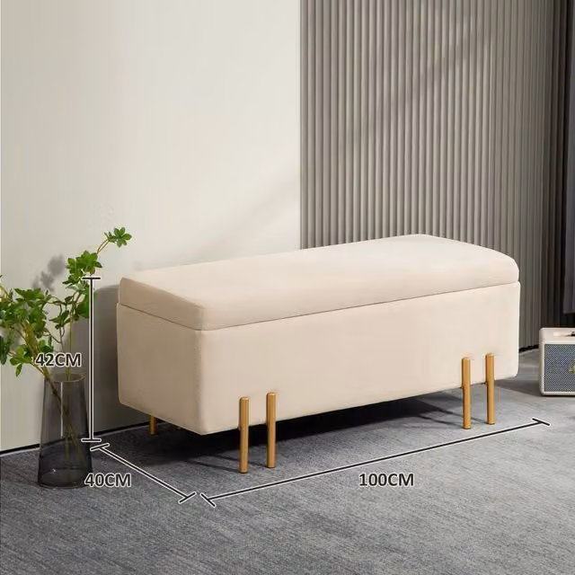 Panca contenitore imbottita WISHDOR beige con struttura in legno e piedini in metallo L/P/H: 100 x 40 x 42 cm