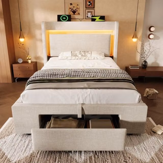 Letto contenitore 90x200 cm in lino beige con testiera LED, USB-C e materasso
