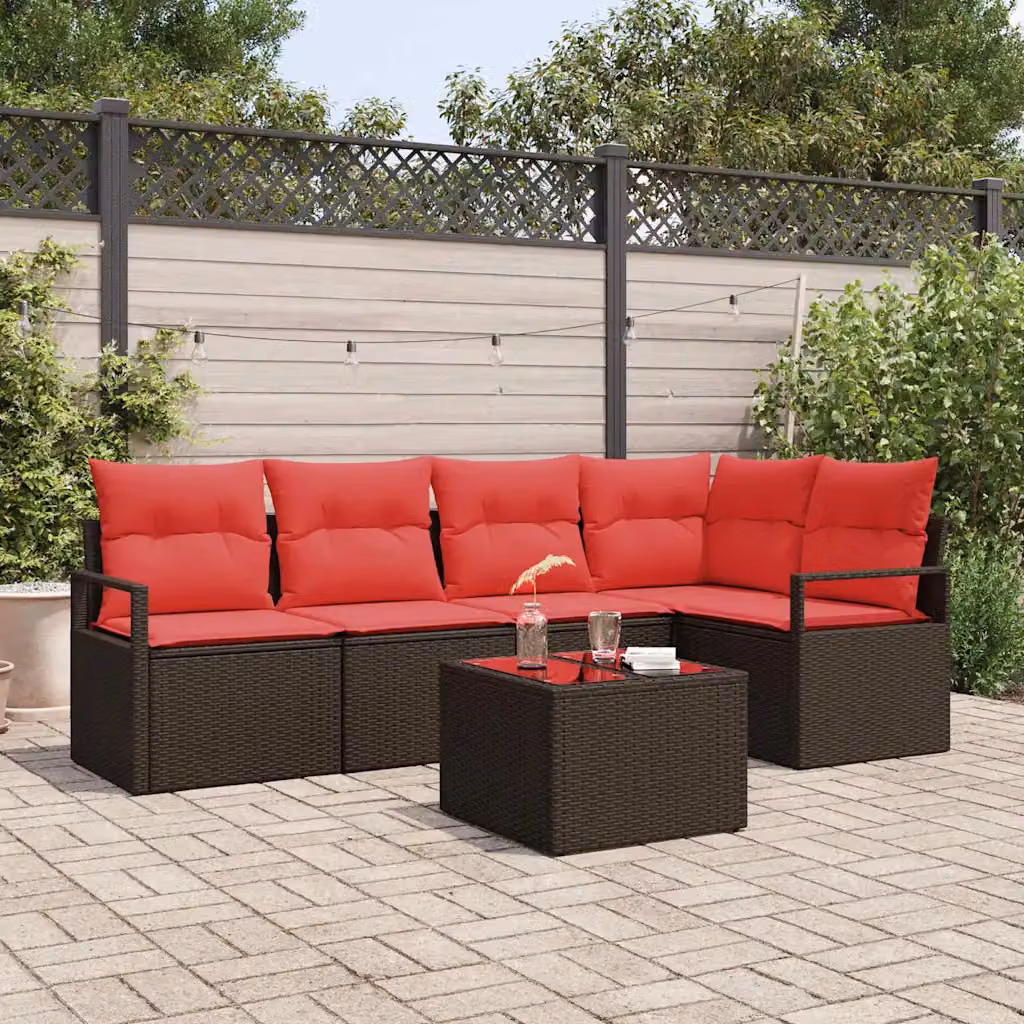 Set Divano da Giardino vidaXL 6 Pezzi Moderno a Forma di L con Cuscini Marrone e Rosso