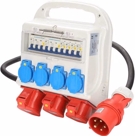 Distributore elettrico da parete CEE per cantieri, grado di protezione IP44, con 2 prese CEE da 400 V/16 A, 1 presa CEE da 400 V/32 A e 4 prese da 230 V