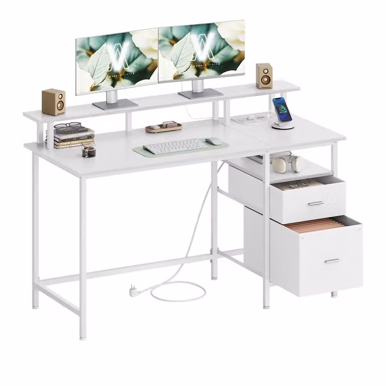 Scrivania per Computer con Luci a LED e Prese di Corrente Integrate, Bianco Acero / 135l cm