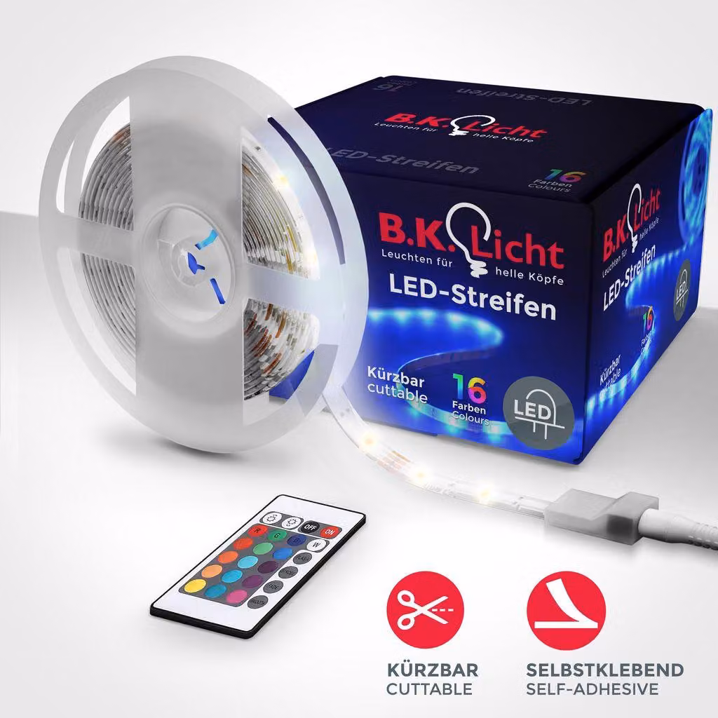 Striscia LED RGB da 5m con telecomando, cambia colore, accorciabile, adesiva, alimentatore con spina europea, nastro luminoso con rivestimento in silicone per soggiorno, cucina, camera, IP20