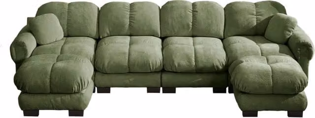 Divano modulare ad angolo a U 4 posti in tessuto chenille verde, con 2 pouf mobili, ergonomico e facile da montare