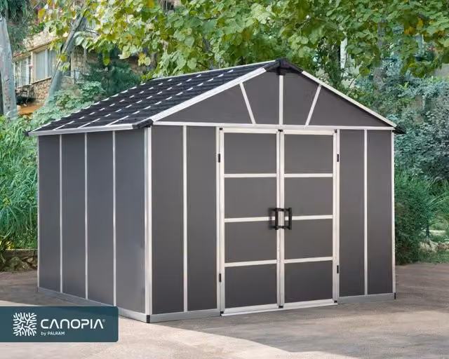 Casetta da giardino in policarbonato CANOPIA Yukon con pavimento e grondaia, colore grigio, L: 271 cm, P: 332 cm, H: 252 cm