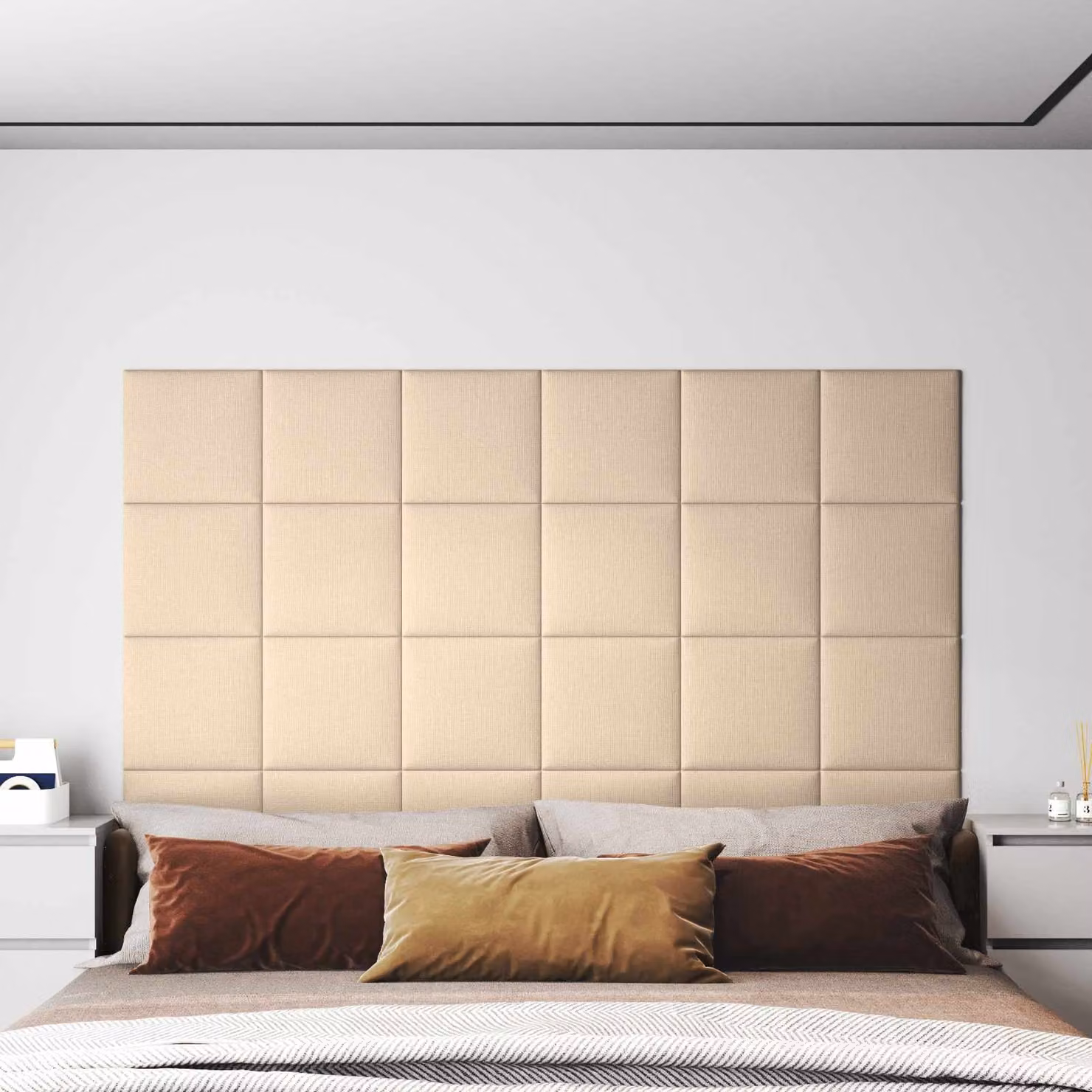 Set di 12 pannelli testiera da parete vidaXL in tessuto beige, L/P/H: 30 x 30 x 3,75 cm