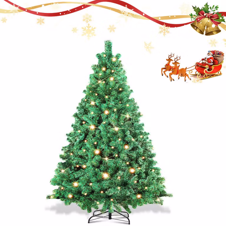 Albero di Natale artificiale Ikodm con luci LED, rami automatici e supporto in metallo, facile da montare, con fitta chioma di abete, altezza 150 cm