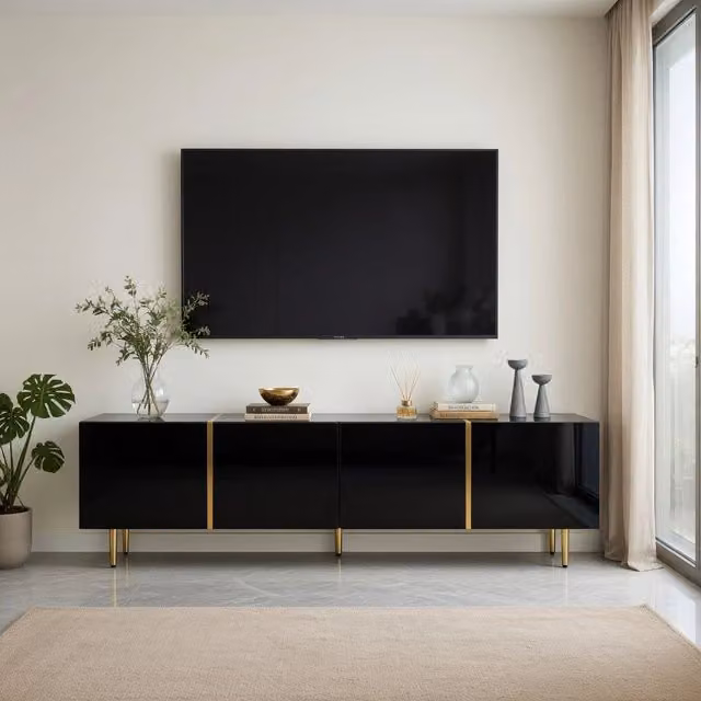 Cassettiera per TV KOMHTOM moderna in MDF nero lucido con dettagli oro, L: 170 cm, P: 35 cm, H: 46 cm – 1
