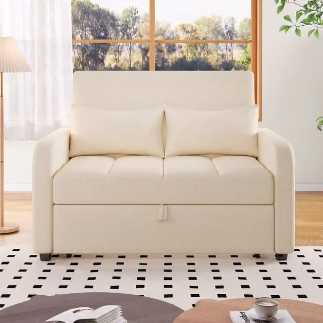 Divano letto pieghevole con schienale regolabile a 3 posizioni e 2 cuscini in tessuto lino cotone beige 127 × 180 cm