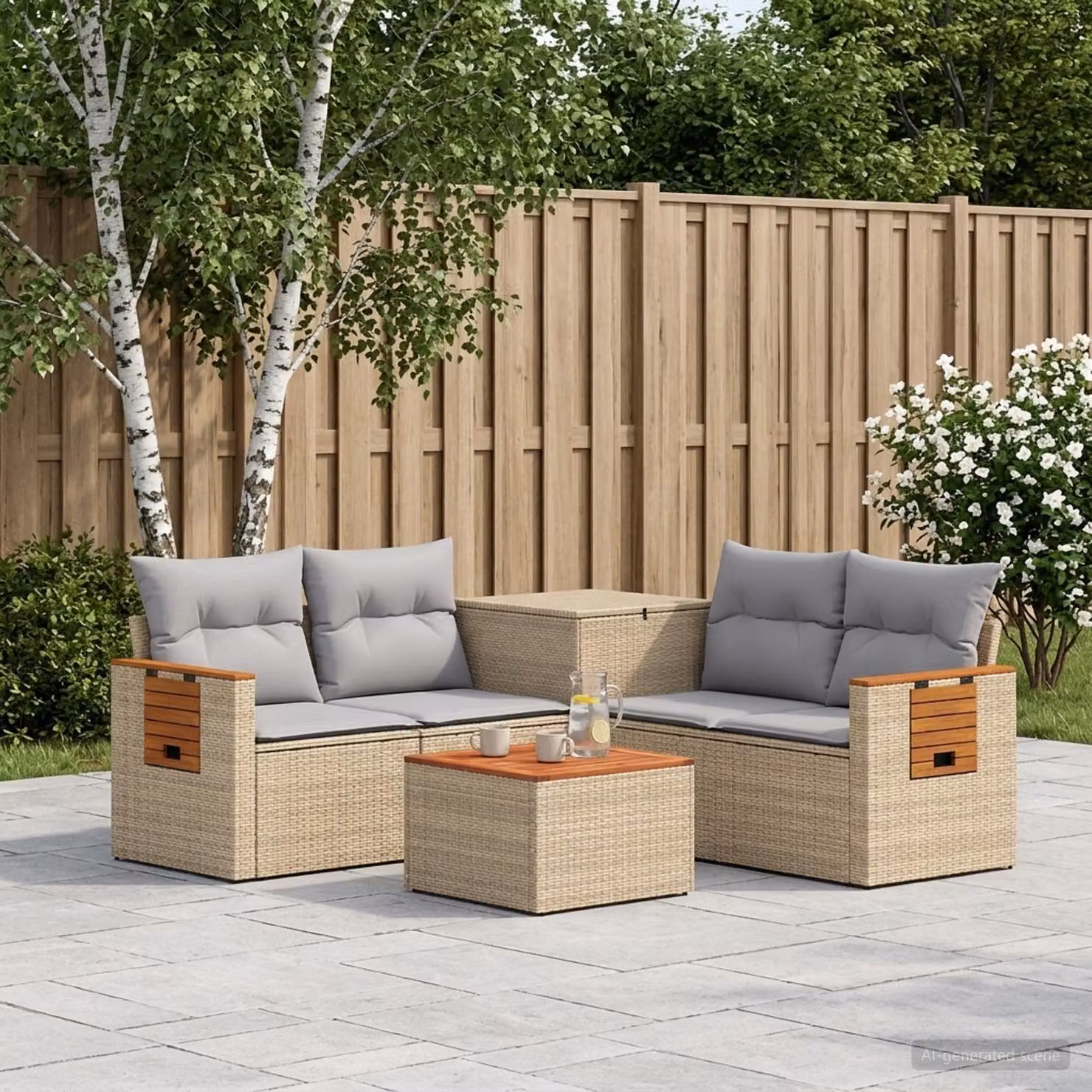 Set di divani da giardino vidaXL in polyrattan con forma a L, colore beige e grigio, composto da 6 pezzi con cuscini inclusi e tavolino da caffè esterno