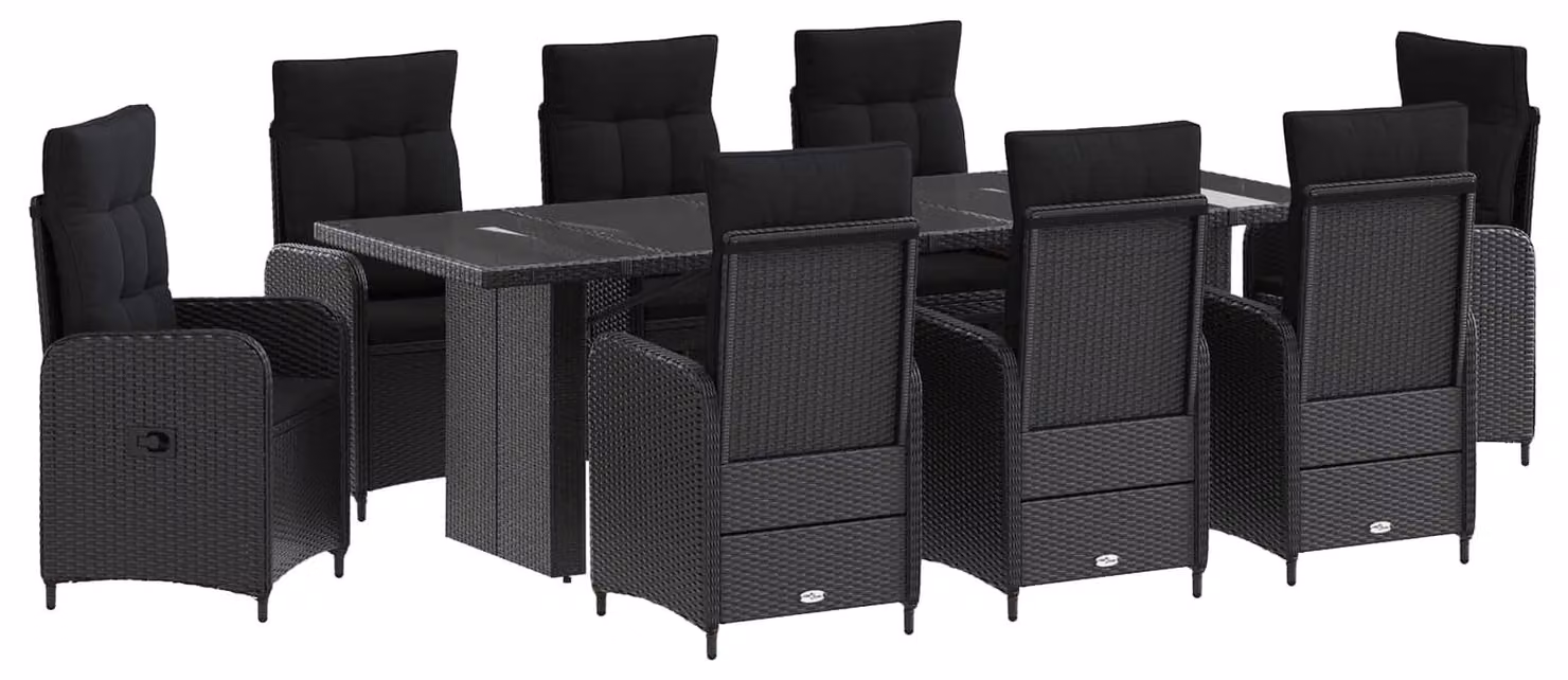 Set da tavolo da esterno, 9 pezzi, in rattan sintetico nero