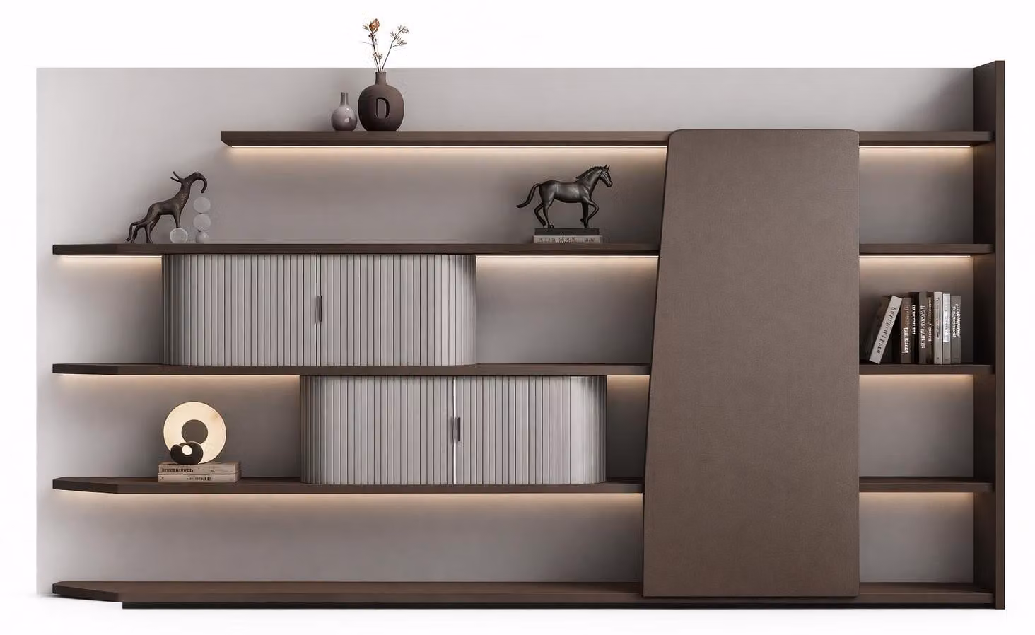 Moderno armadio da ufficio con illuminazione a LED ed eleganti ripiani in legno