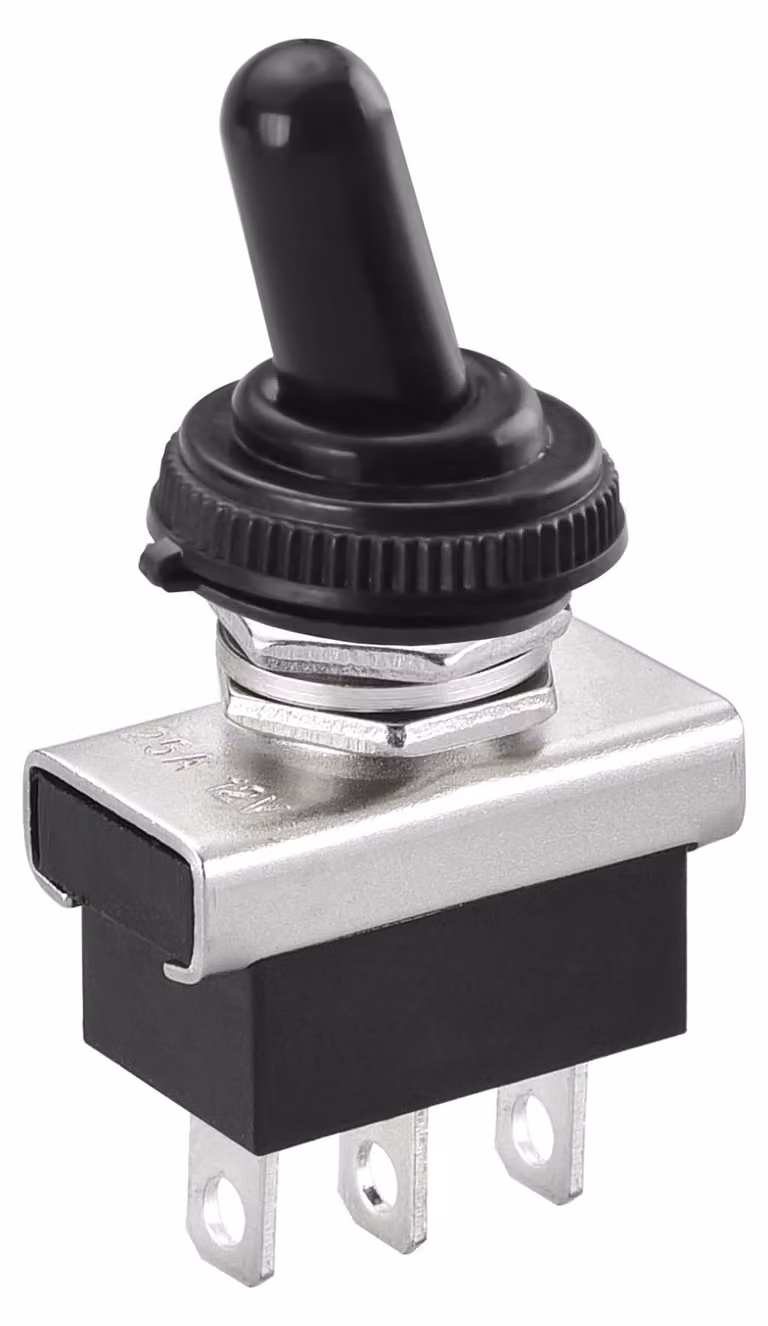 Interruttore a levetta metallico, SPDT (Single Pole Double Throw), 12V/25A, 2 poli, 3 contatti, 1 pezzo.