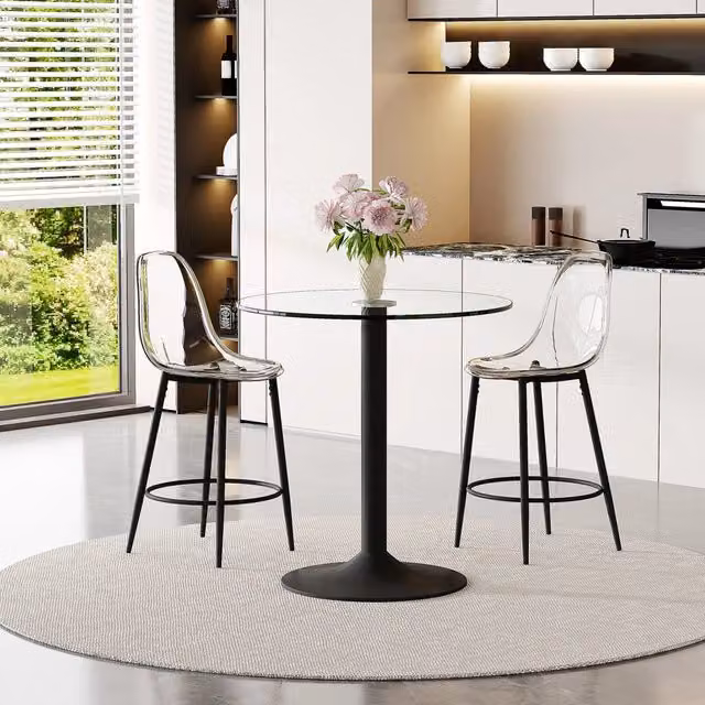 Set Bar Tavolo in Vetro 89 cm e 2 Sgabelli ¨C Xylo ¨C Struttura in Metallo Nero