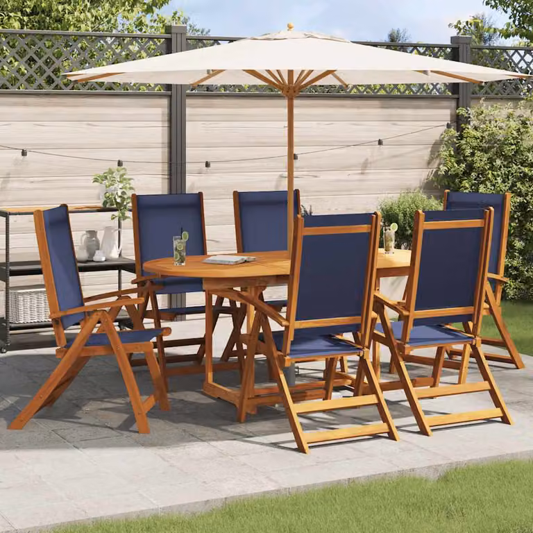 Set di 6 sedie pieghevoli vidaXL in legno di acacia oliato e textilene blu e marrone con braccioli per giardino e terrazza