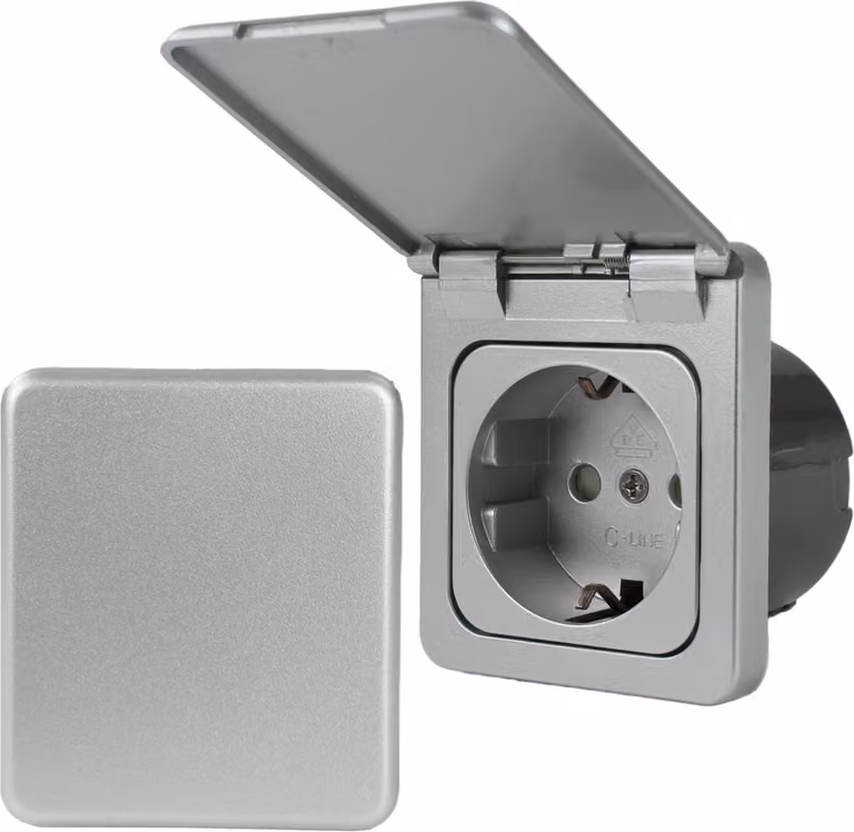 C-Line Presto Inprojal CBE Presa di corrente Schuko + coperchio a cerniera + presa iso 220 / 230 Volt argento