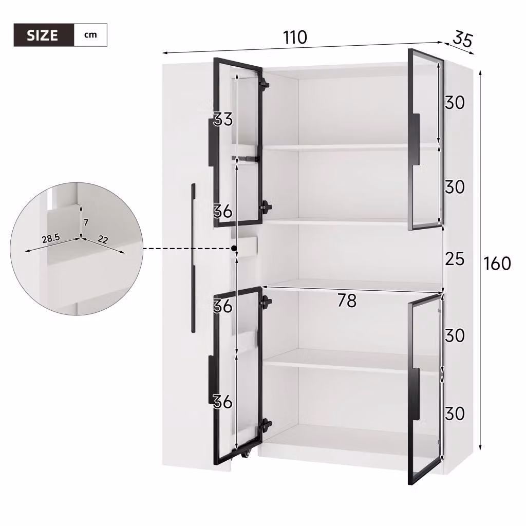 Vetrina REDOM Bianca in MDF con ante in vetro e illuminazione LED integrata L/P/H: 110 x 35 x 160 cm – 2