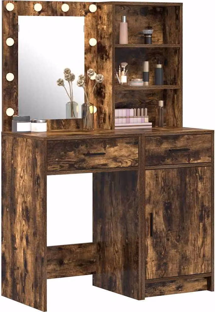 Set da tavolo da trucco con LED con cassetto 2 pcs Rovere fumé