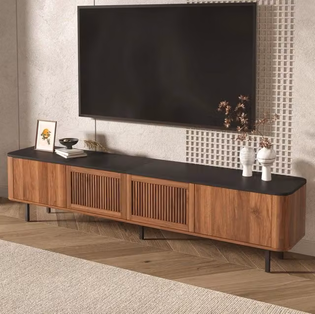 Mobile TV moderno in MDF e PB color noce, 190x35x45 cm, con design a rete e porte ventilate