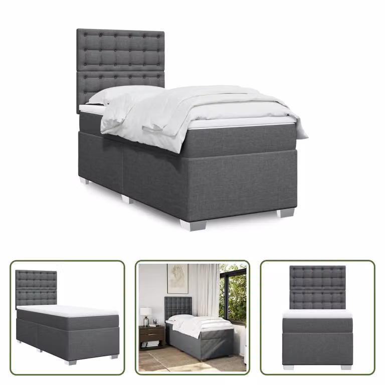 The Living Store Letto a molle con materasso grigio scuro 100x200 cm in tessuto