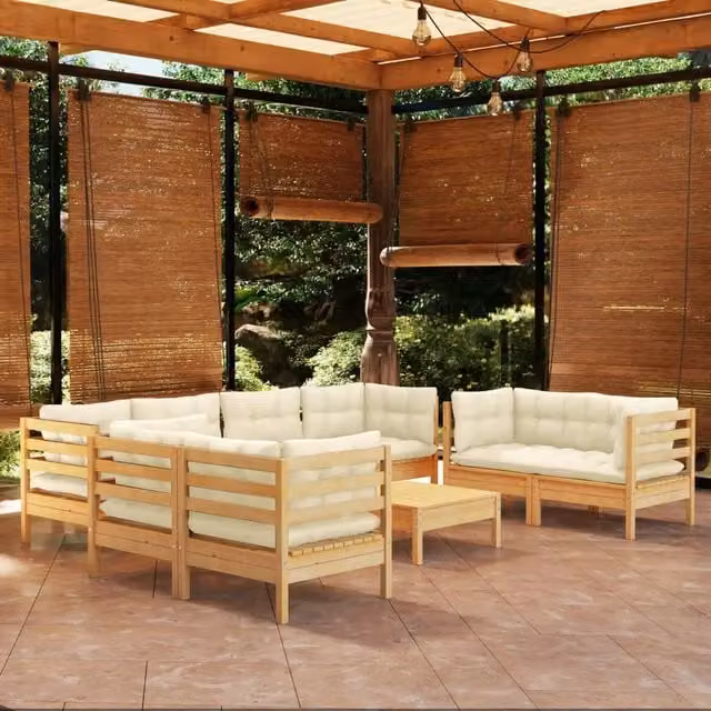 Set di Divani da Giardino a L vidaXL in Legno di Pino con Cuscini Beige, 9 Pezzi