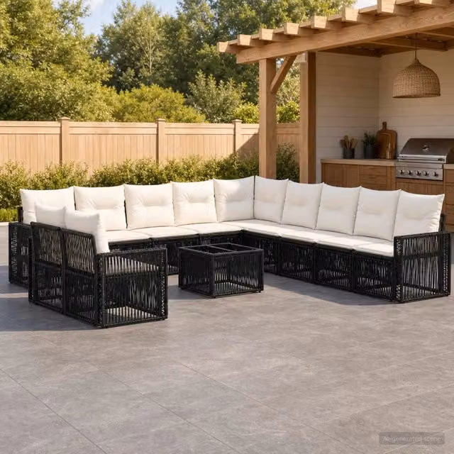 Set Divano da Giardino vidaXL a Forma di L con Tavolino, Nero e Bianco, in Polyrattan e Metallo con Cuscini Inclusi