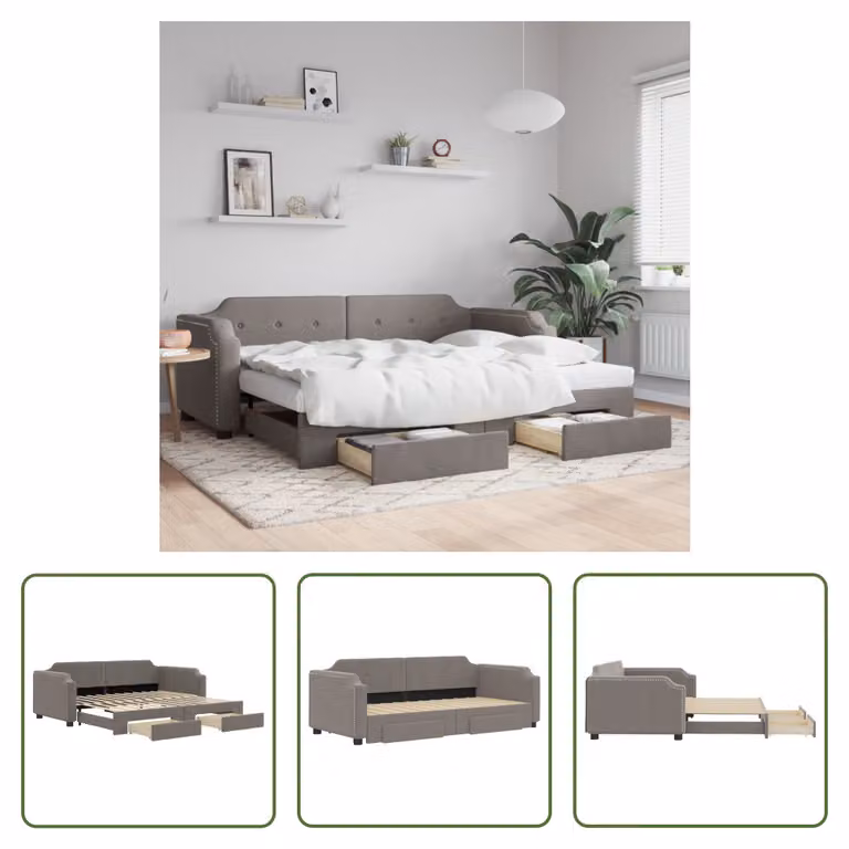 The Living Store Letto allungabile con cassetti Taupe 100x200 cm tessuto
