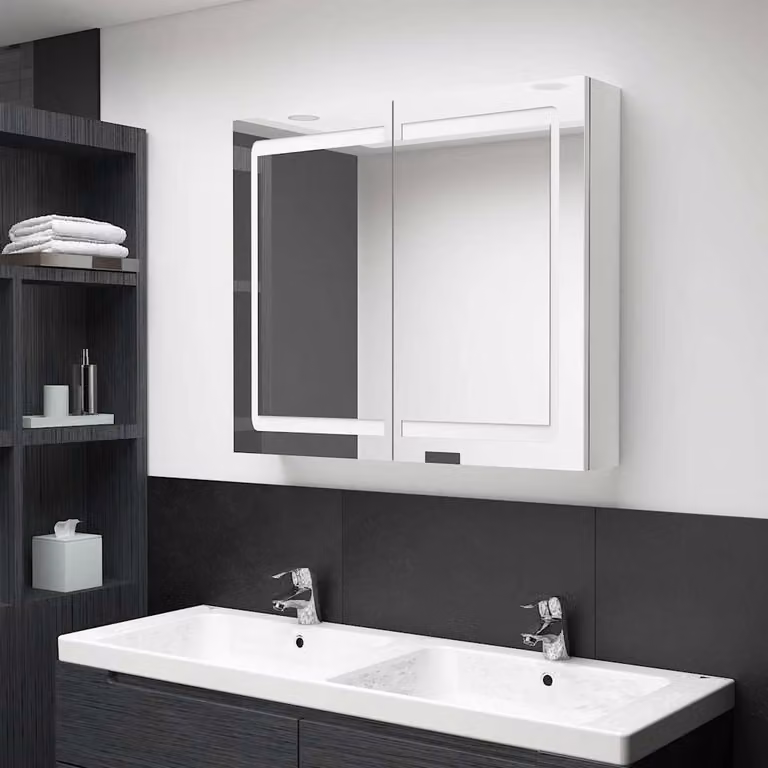 Armadietto da bagno vidaXL con specchio e illuminazione LED, bianco lucido, L: 80 cm, P: 12 cm, H: 68 cm
