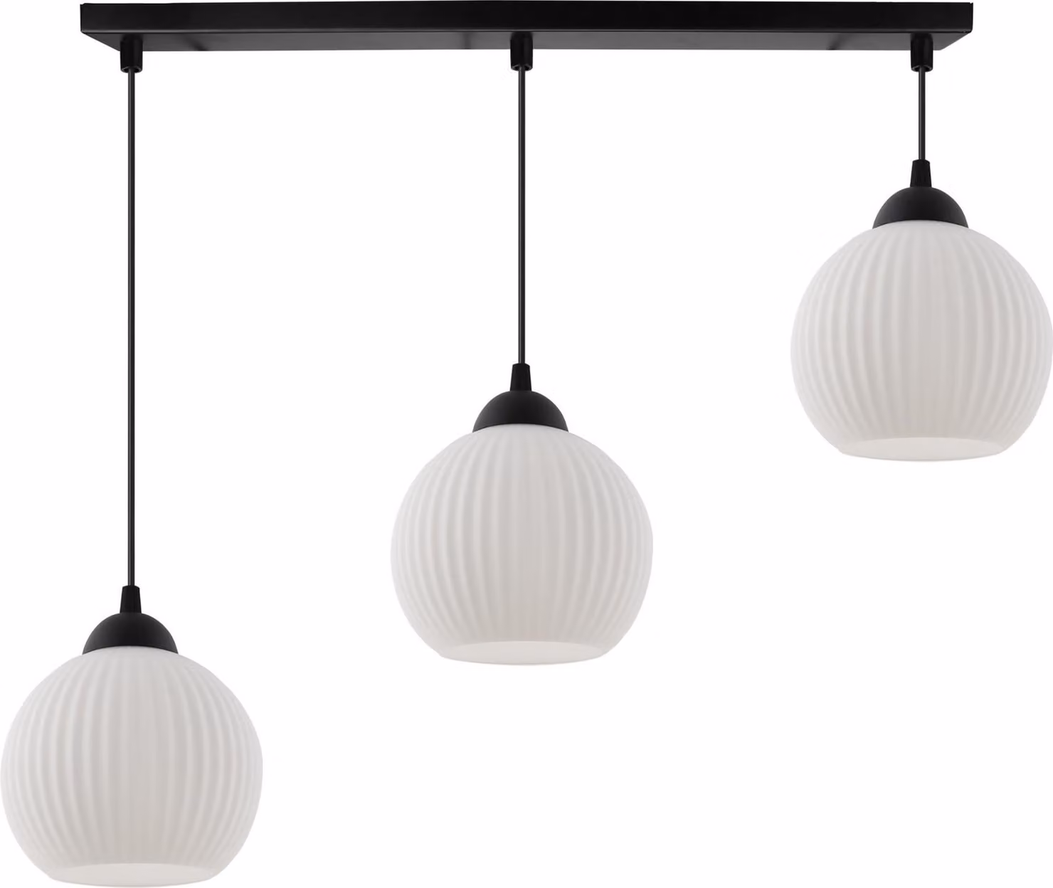 Lampada a sospensione Riffle nera a 3 luci con paralumi a sfera bianchi E27