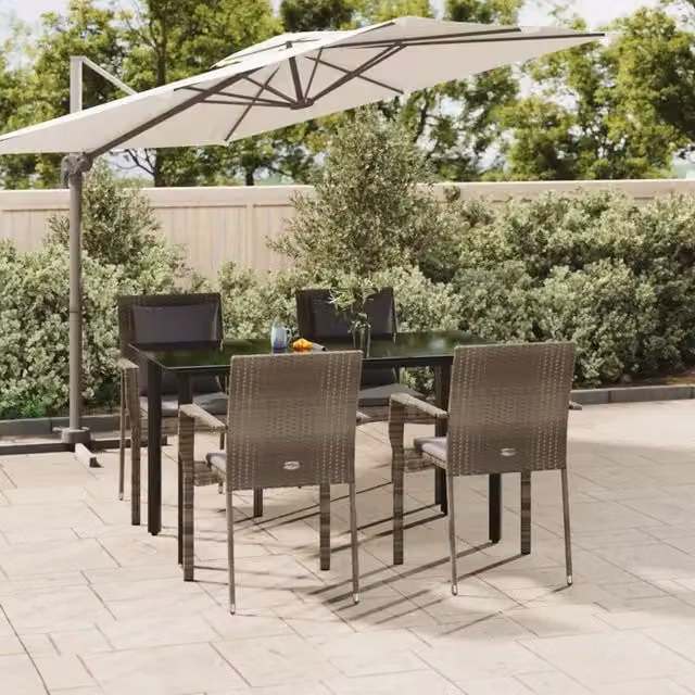 Set da Pranzo Giardino 5pz Nero e Grigio con Cuscini Polyrattan 3185115
