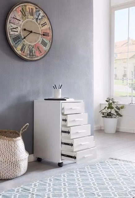 Contenitore a Ruote - Cassetto in Legno per Scrivania - Cassetto per Ufficio con 5 Cestelli - Piccolo Contenitore a Ruote con Base - Bianco - 33 x 63 x 38 cm