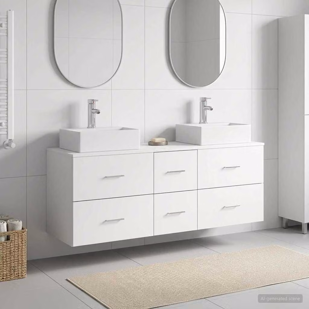Set di 3 armadi da bagno moderni vidaXL in legno e metallo bianco L/P/H: 129 x 41 x 79,5 cm