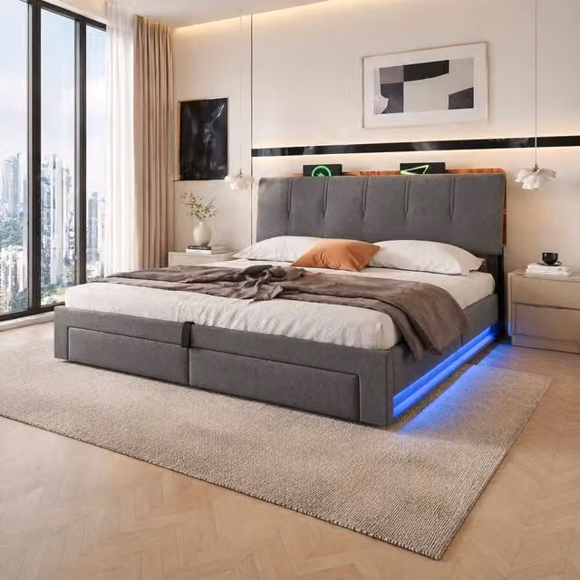 Letto contenitore imbottito in tessuto grigio con illuminazione LED e porte di ricarica USB e USB-C L/P/H: 180 x 200 x 107 cm