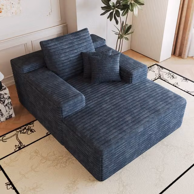 Divano moderno Folyna in velluto a coste blu con seduta in schiuma elastica per soggiorno e camera da letto