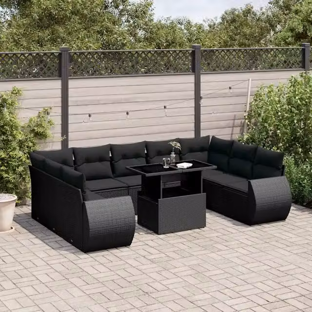 vidaXL Set Divani da Giardino 10pz in Polyrattan Nero con Cuscini Imbottiti e Tavolino – 1