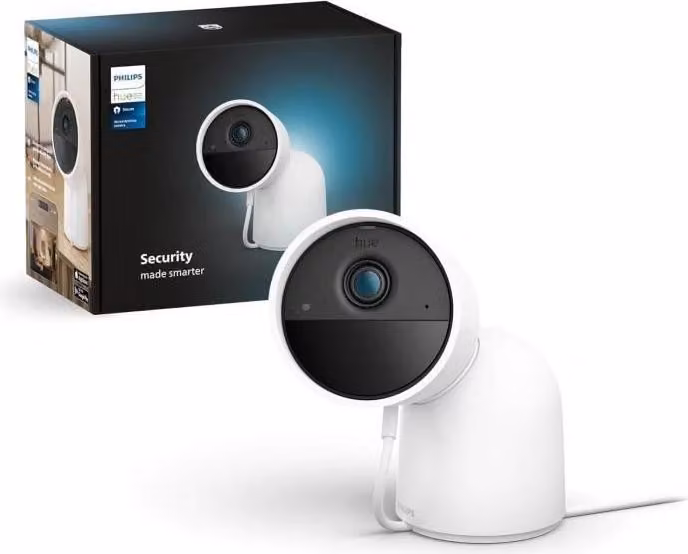 Telecamera di sorveglianza Philips Hue Secure, cablata, HD 1080P, per interni ed esterni, con supporto da tavolo, bianca