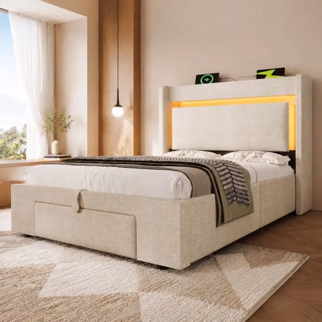 Letto imbottito 90x200 cm con contenitore idraulico, testiera con vano portaoggetti, illuminazione LED e porte USB e USB-C, struttura in legno e metallo, beige in lino, senza materasso
