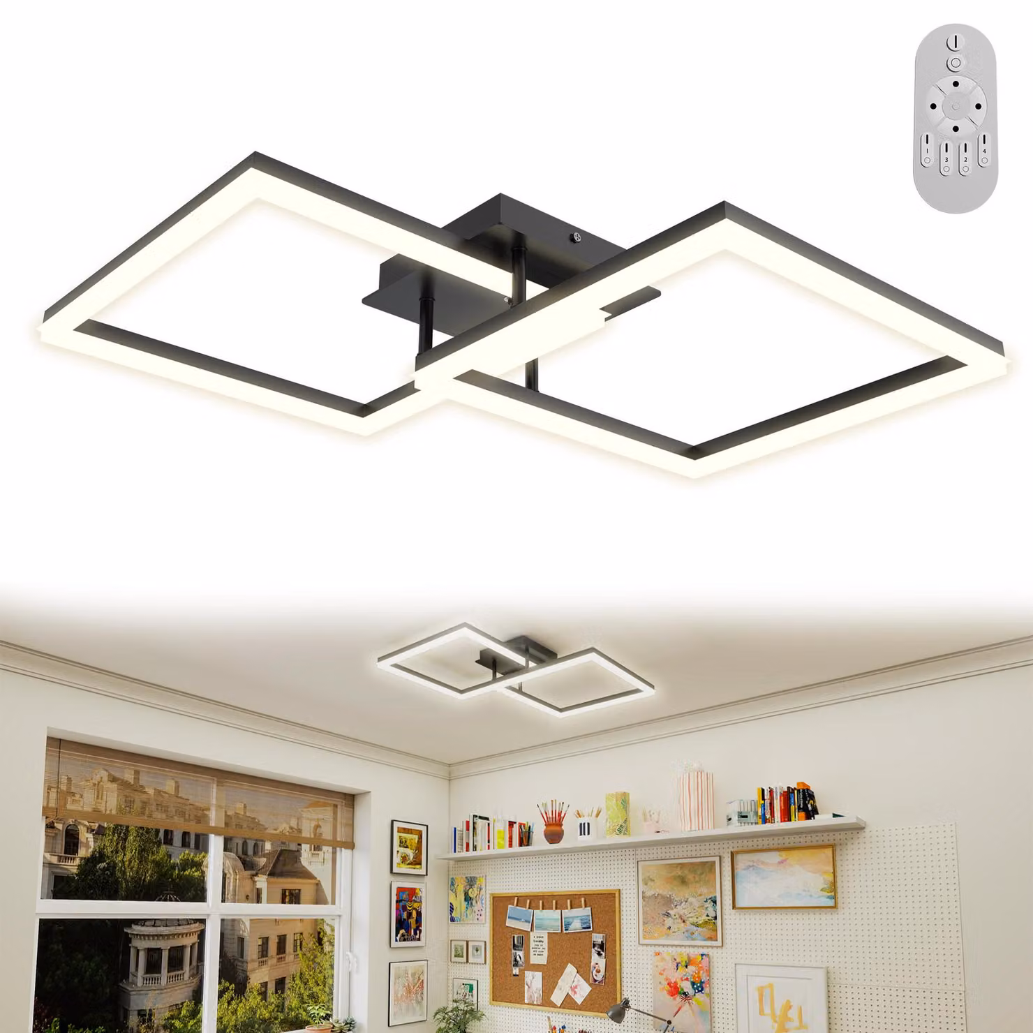 Lampada da soffitto LED VA-Cerulean Doppel-Quadrat, 60W, dimmerabile con telecomando, moderna lampada geometrica per soggiorno, camera da letto, cucina, ufficio