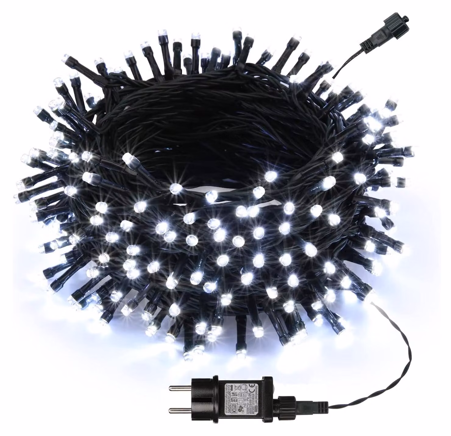 Catena luminosa con 200 LED, luce bianca fredda, lunghezza 20 metri, grado di protezione IP44, con alimentatore
