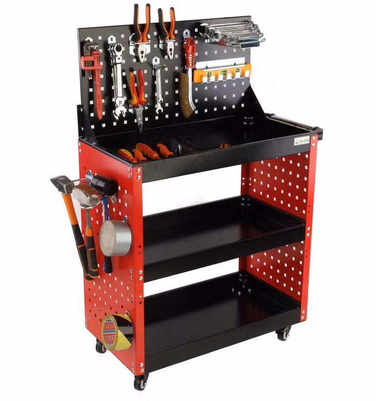 Carrello di servizio, carrello da officina, carrello portautensili con 3 scomparti fino a 100 kg, carrello con pareti forate, set di ganci metallici, carrello multifunzione, carrello a ripiani, carrello di montaggio per utensili da officina e servizio